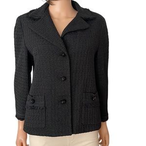Talbots cotton black textured woven blazer w jewel buttons and fringe detailing